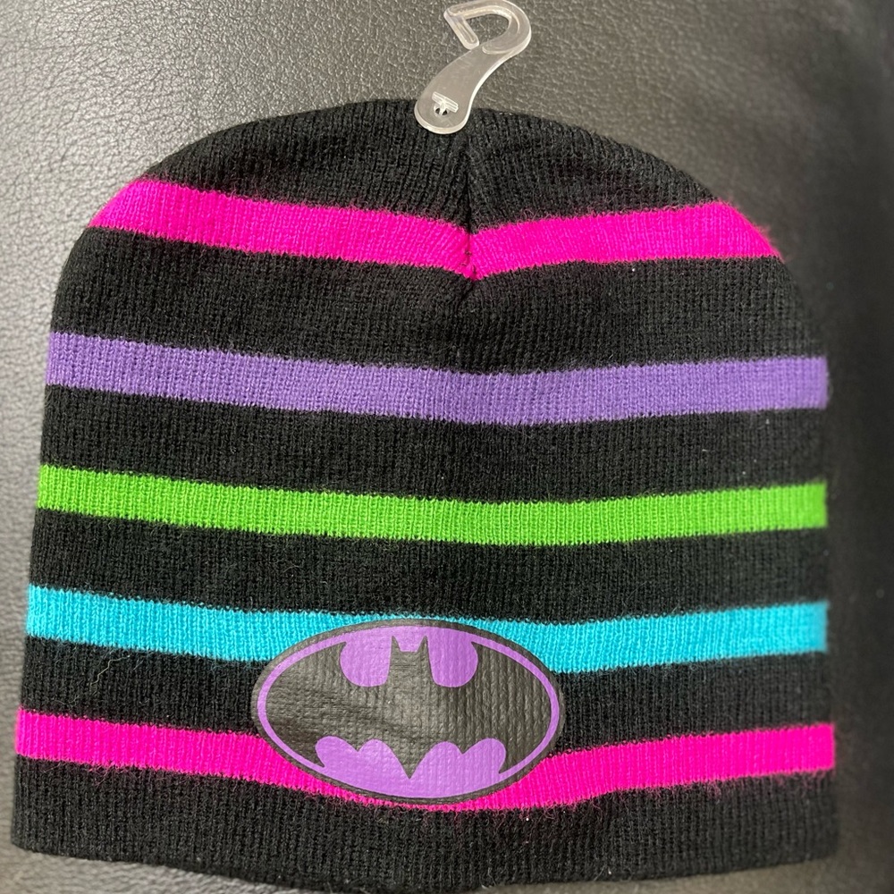 Neon Striped Beanie with Batman Logo
